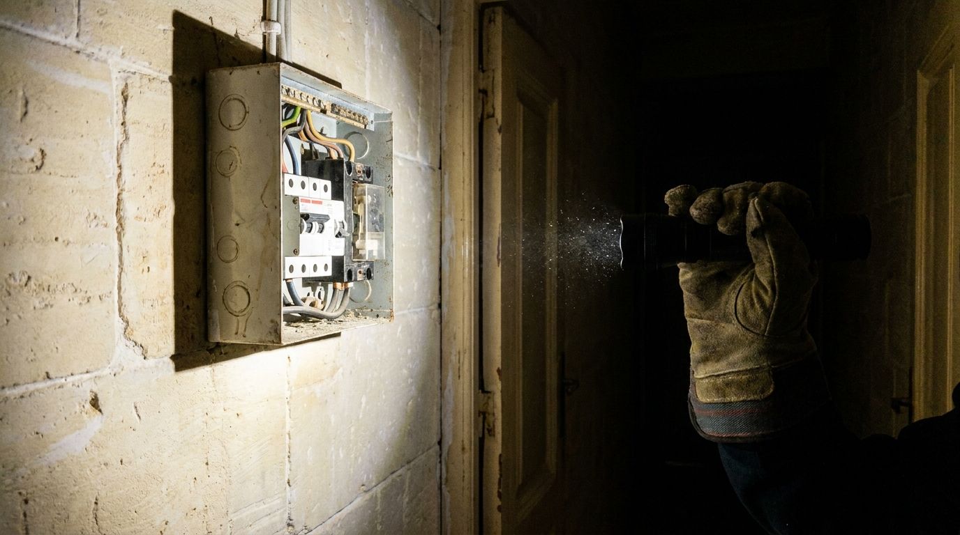 An electrician's torch on a fuse board in a dark Maltese hallway at night